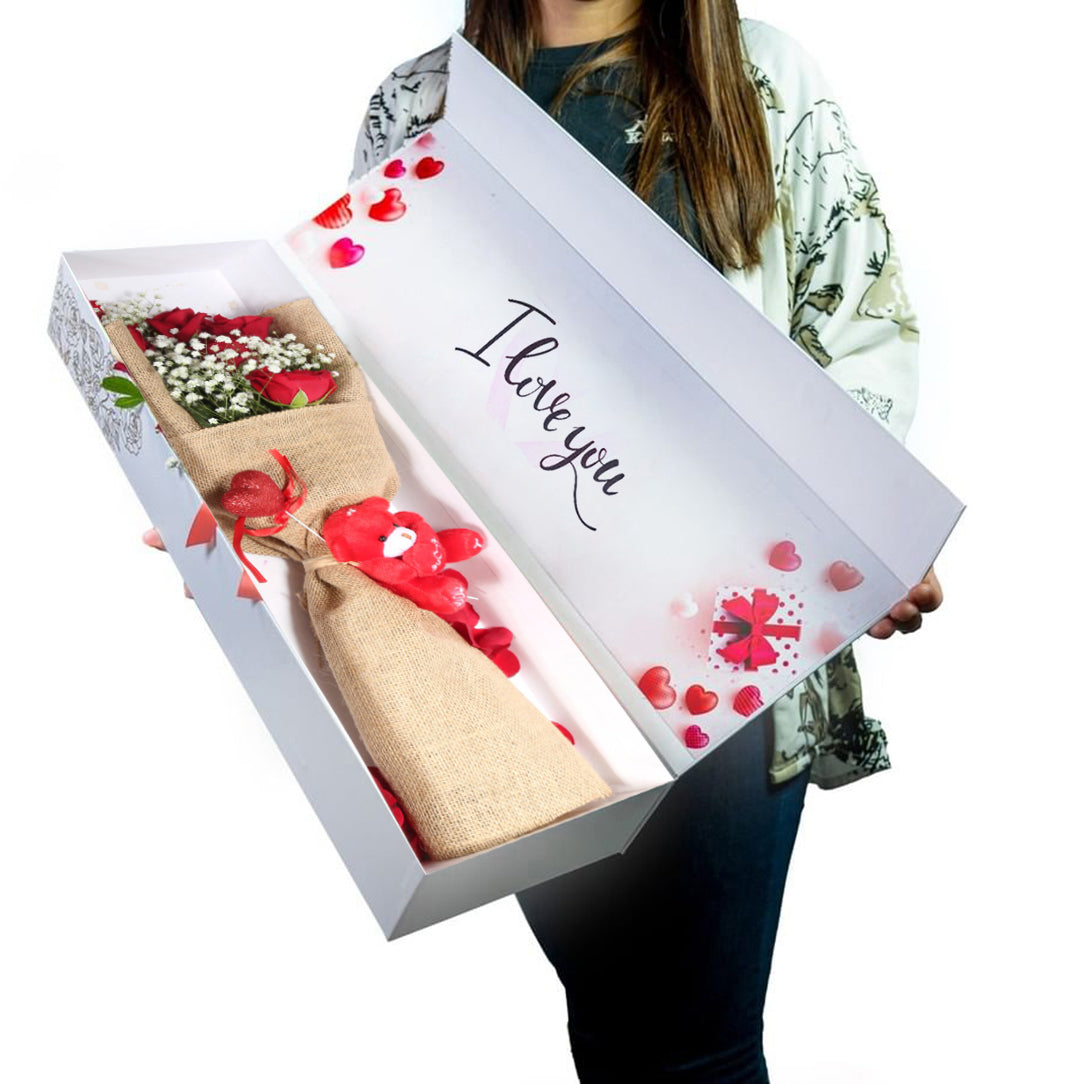 Unforgettable Valentine's: 5 red roses in chic box with teddy bear. Order now!